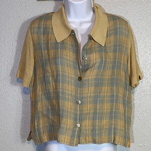 VNTG Liz Sport Plaid Button-Up Crop Top in Yellow and Blue